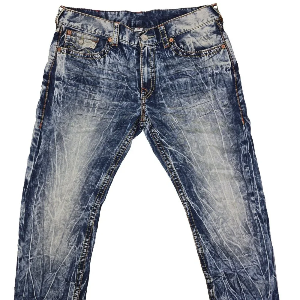 True Religion Jeans Men 38 Straight Acid Wash Distressed‎ Denim Flap Pocket Y2K